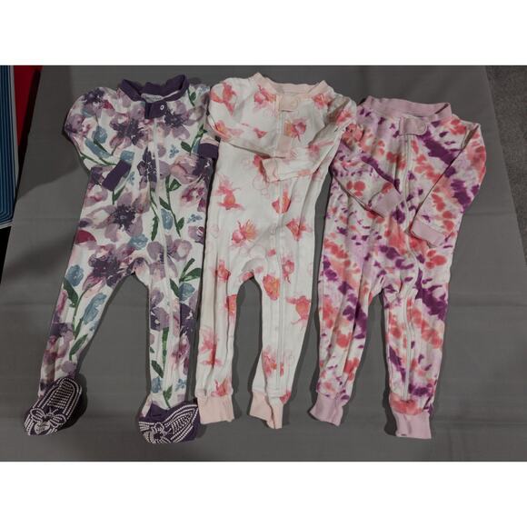 Bundle Lot Burt's Bees Baby Girl 12 Months Organic Floral Footed Zip Pajamas EUC - Picture 1 of 16